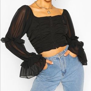 Women ruffle woven blouson sleeve blouse